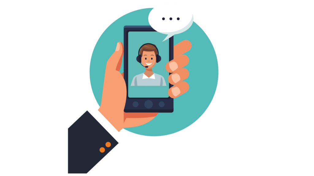 Graphic showing a hand holding mobile phone. On screen is a customer service representative.